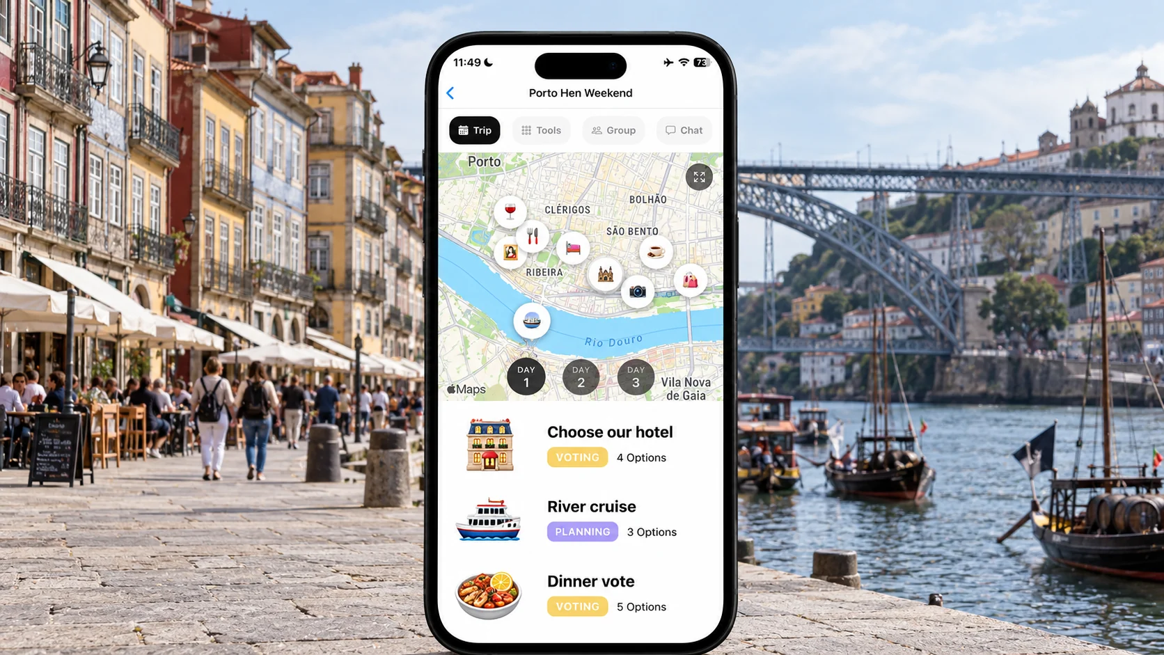 AI-made FlowTrip hen-weekend planning screen beside Porto’s Ribeira and Dom Luís I bridge