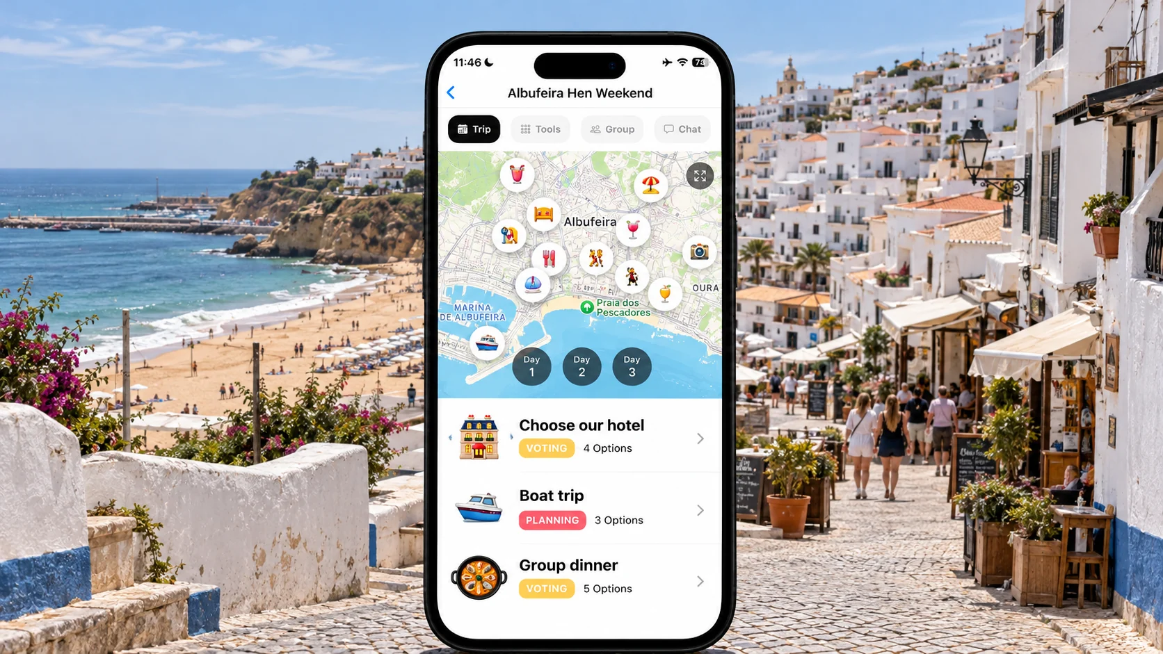 AI-made FlowTrip hen-weekend planning screen above Albufeira’s Old Town beach