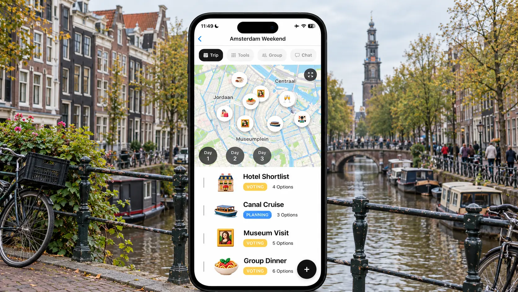 AI illustration of a FlowTrip Amsterdam weekend planning screen on a narrow upright phone in a recognizable Amsterdam city scene