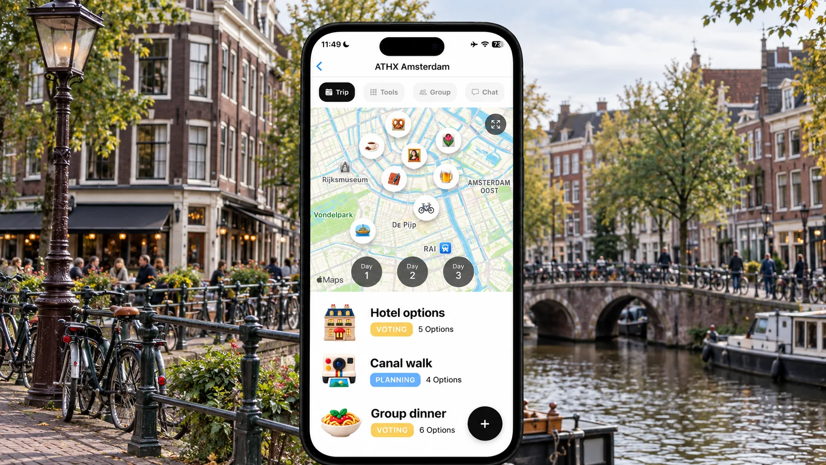 AI illustration of a FlowTrip ATHX Amsterdam planning screen on a narrow phone beside an Amsterdam canal