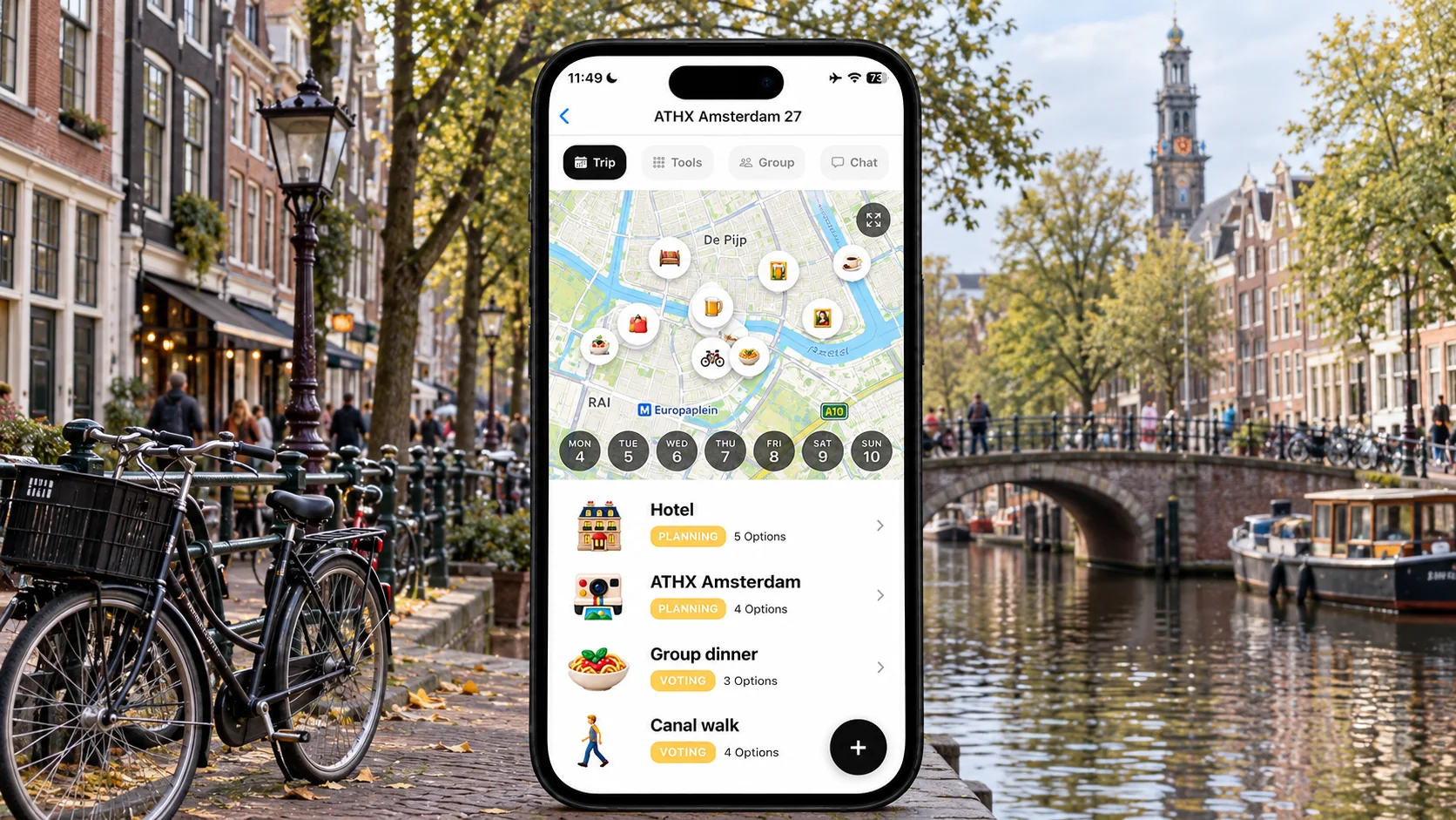 AI illustration of a FlowTrip ATHX Amsterdam planning screen on a narrow upright phone against a recognizable Amsterdam canal streetscape