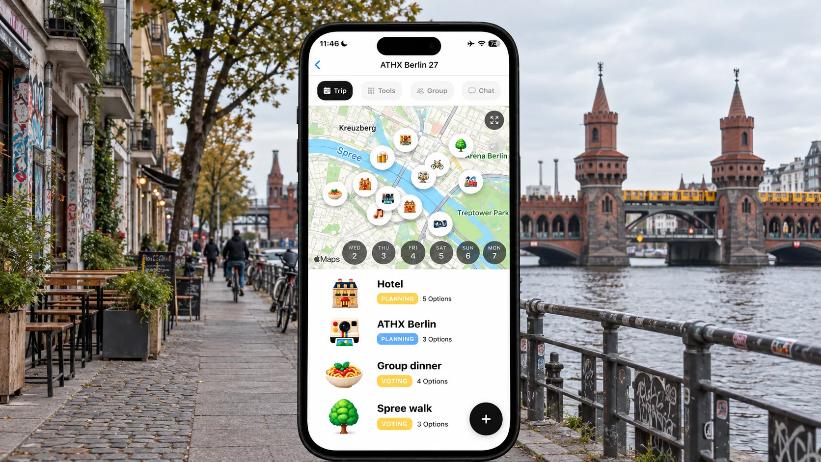 AI illustration of a FlowTrip ATHX Berlin planning screen on a narrow upright phone beside the Spree and an Oberbaumbrücke inspired Berlin view