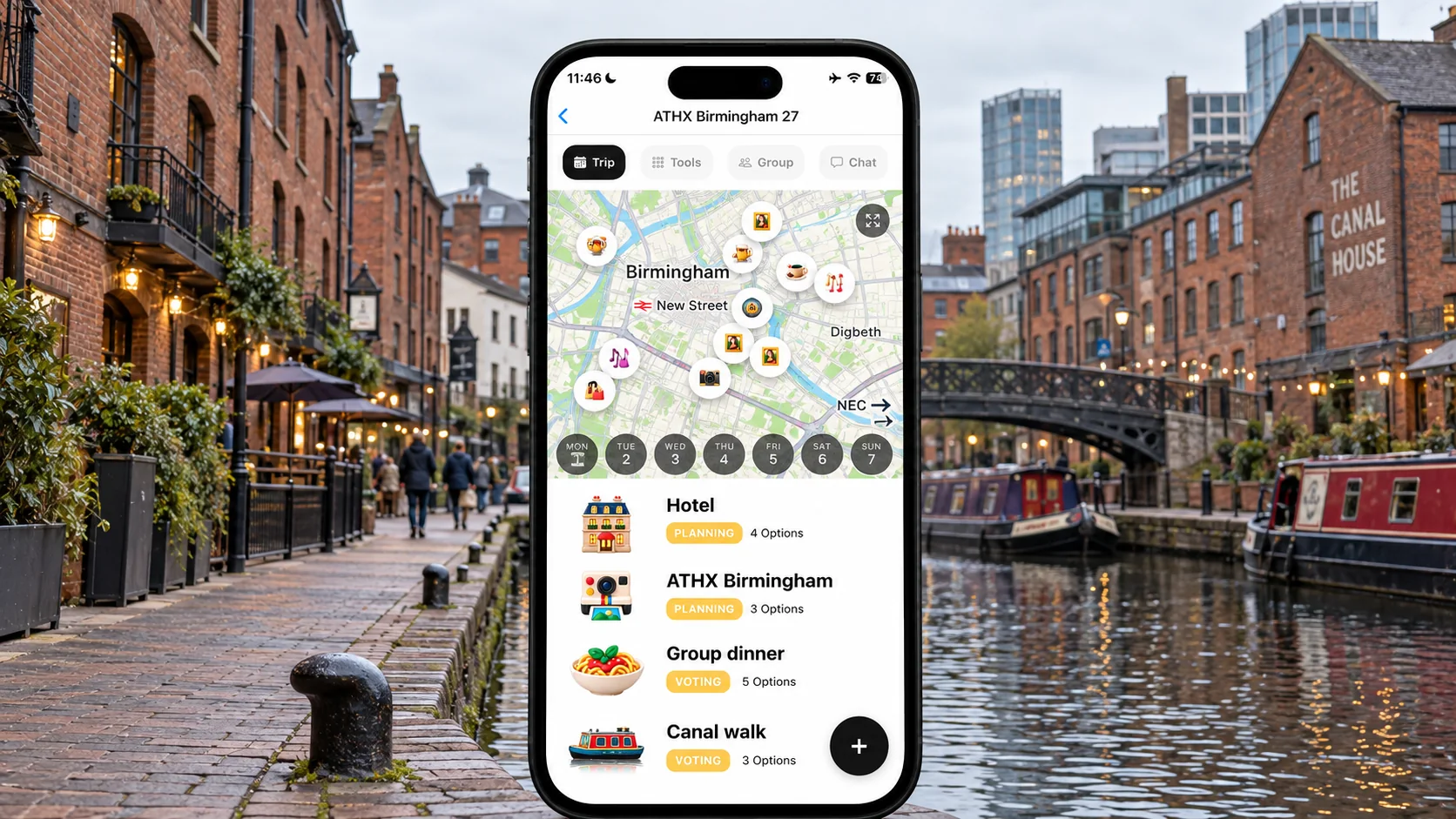AI illustration of a FlowTrip ATHX Birmingham planning screen on an upright phone against a Gas Street Basin inspired canal scene in central Birmingham