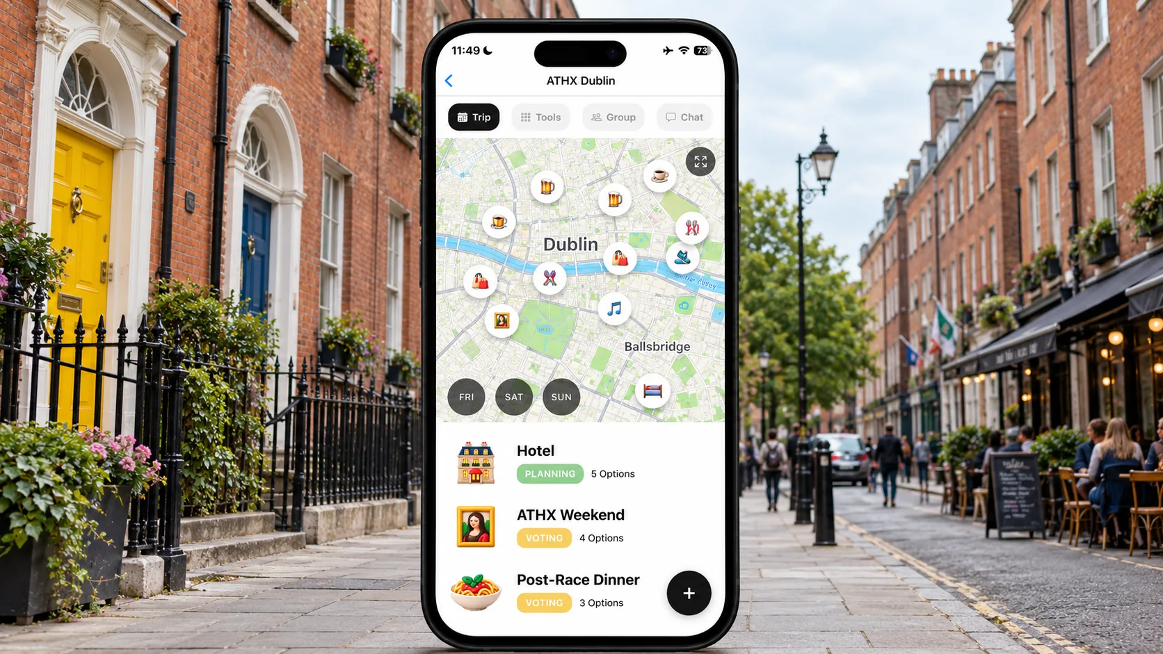 AI illustration of a FlowTrip ATHX Dublin planning screen on a narrow upright phone against a Georgian Dublin streetscape