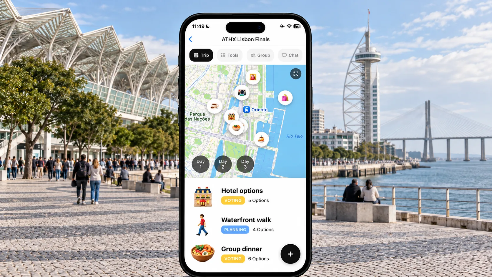 AI illustration of a FlowTrip ATHX Lisbon Finals planning screen on a narrow phone at the Parque das Nações waterfront