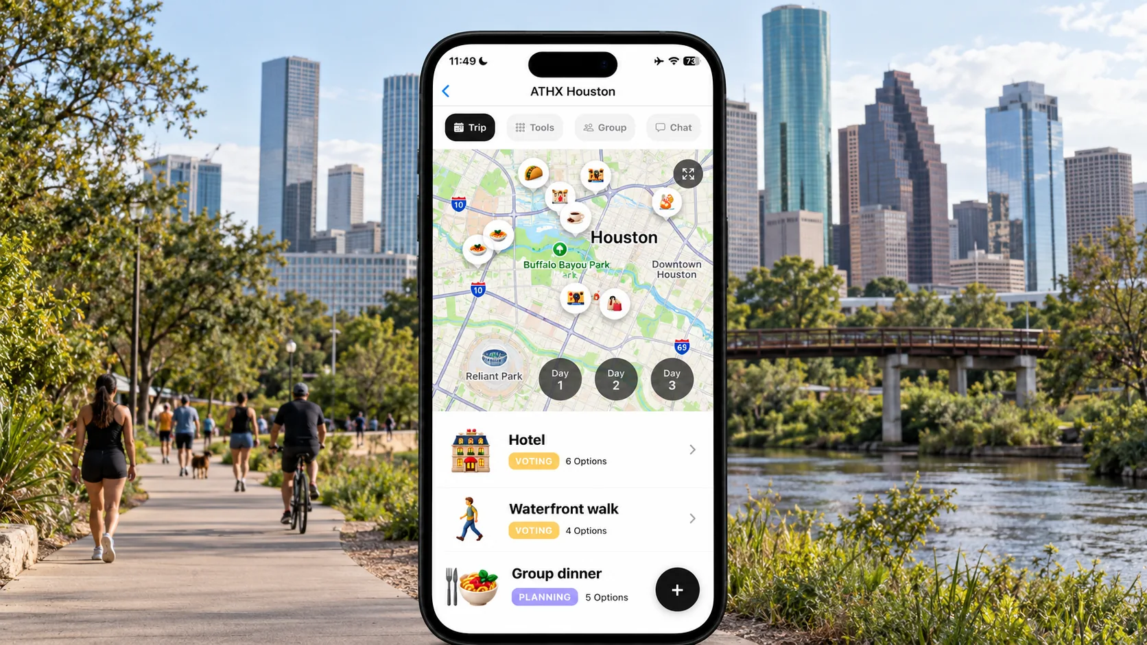 AI illustration of a FlowTrip ATHX Houston planning screen on a narrow phone beside Buffalo Bayou with downtown Houston behind it