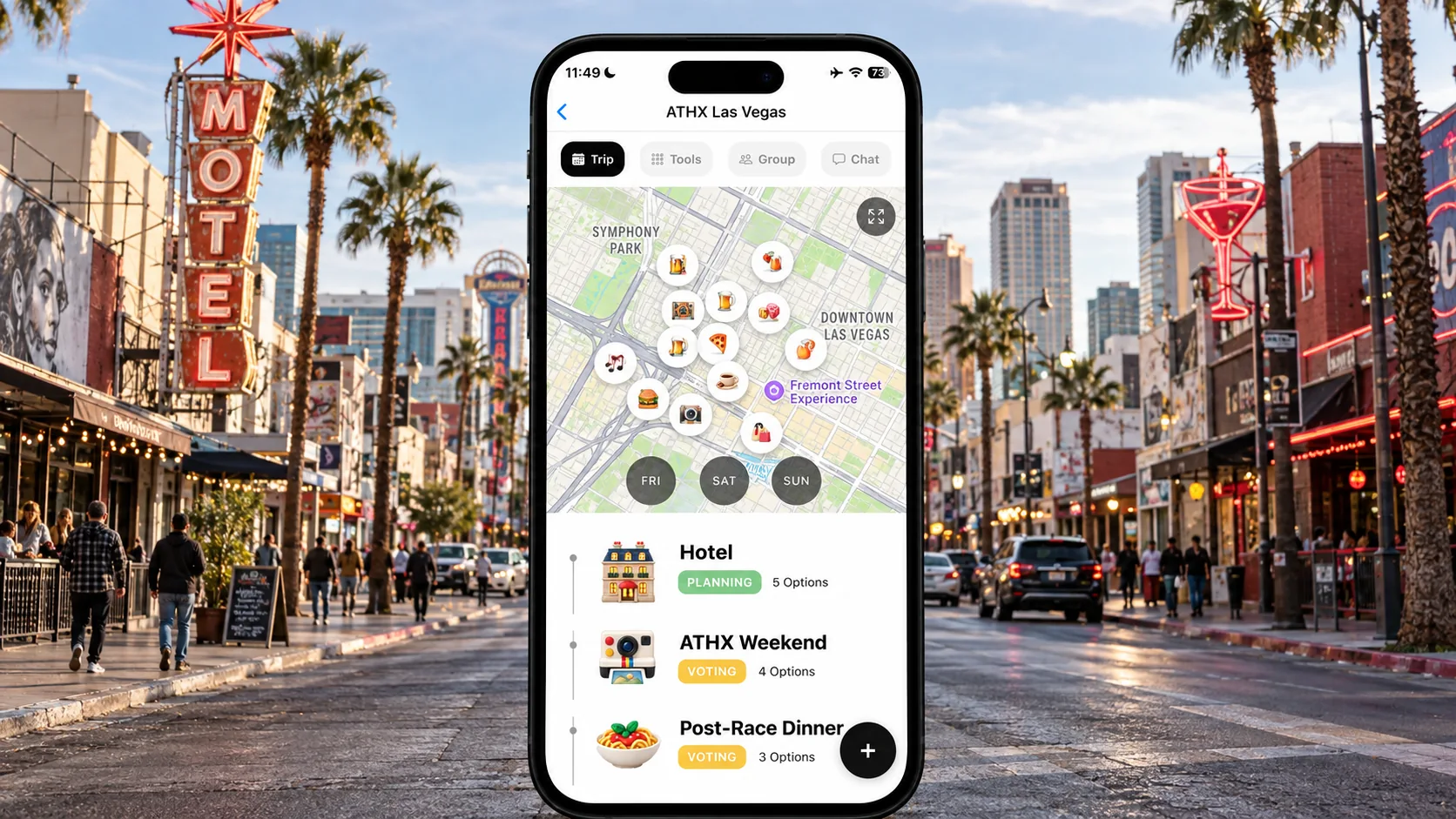 AI illustration of a FlowTrip ATHX Las Vegas planning screen on a narrow upright phone against a downtown Las Vegas streetscape