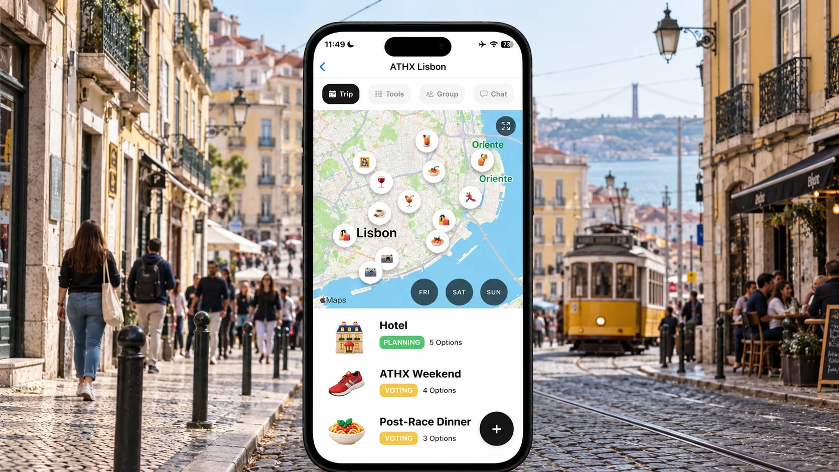 AI illustration of a FlowTrip ATHX Lisbon planning screen on a narrow upright phone against a Lisbon street with a yellow tram