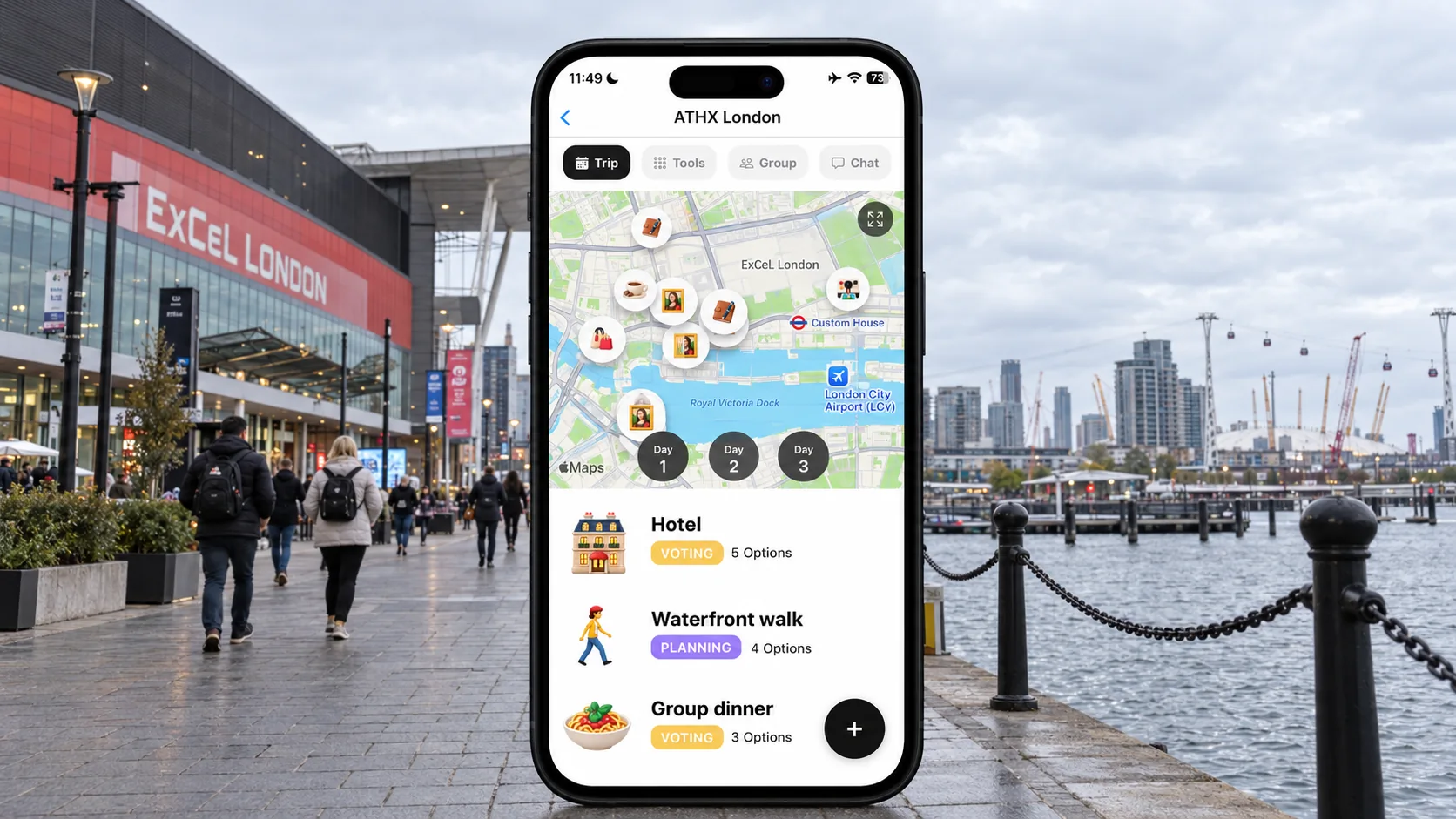 AI illustration of a FlowTrip ATHX London planning screen on a narrow phone at Royal Victoria Dock beside ExCeL London