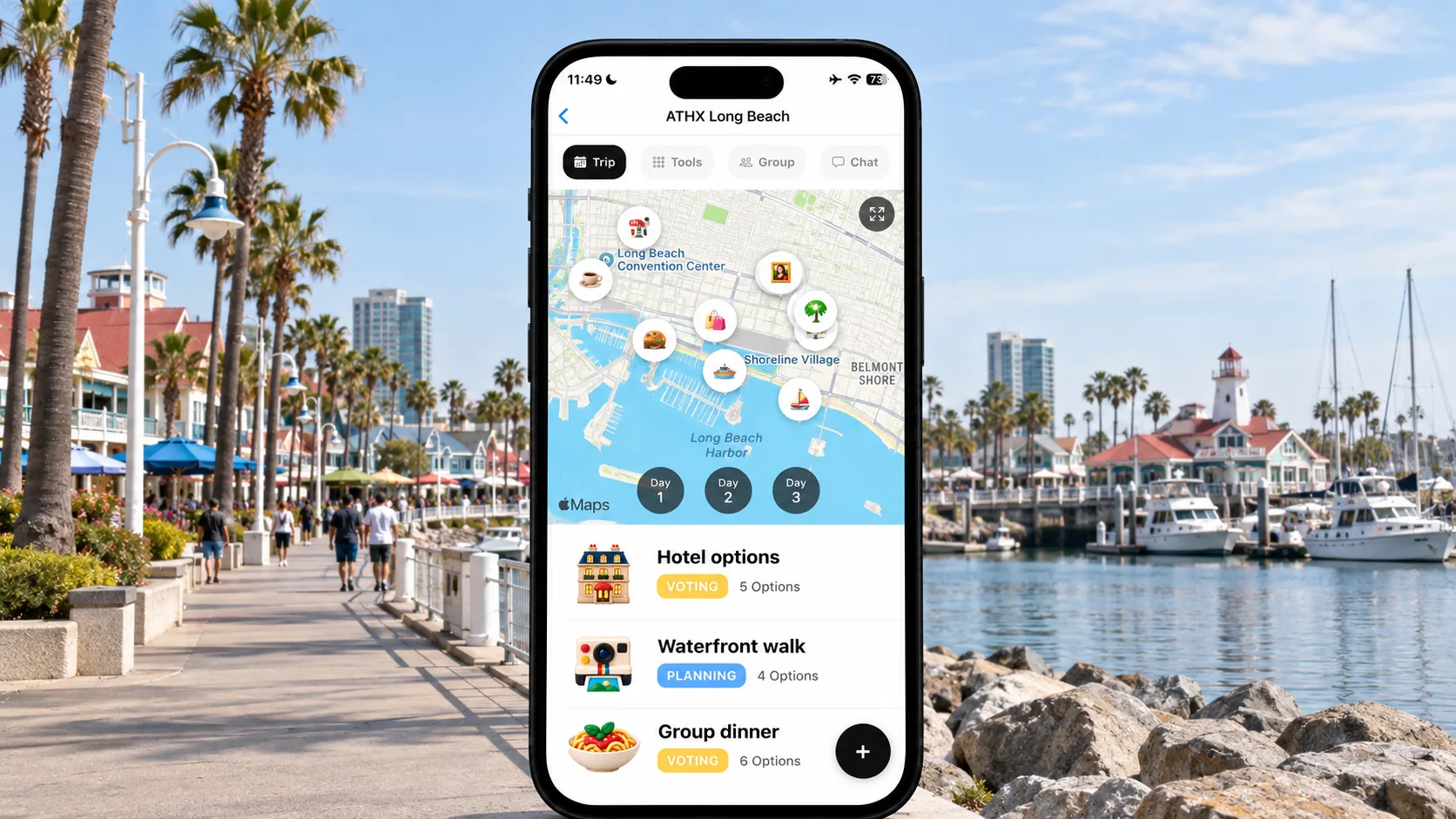 AI illustration of a FlowTrip ATHX Long Beach planning screen on a narrow phone at the Long Beach waterfront