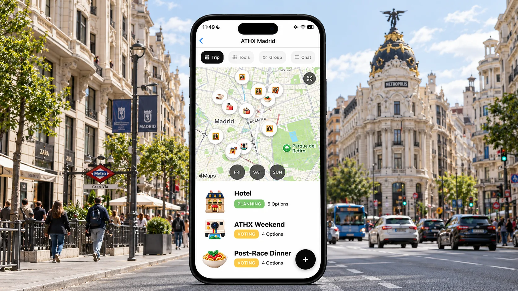 AI illustration of a FlowTrip ATHX Madrid planning screen on a narrow upright phone against a Madrid Gran Via streetscape