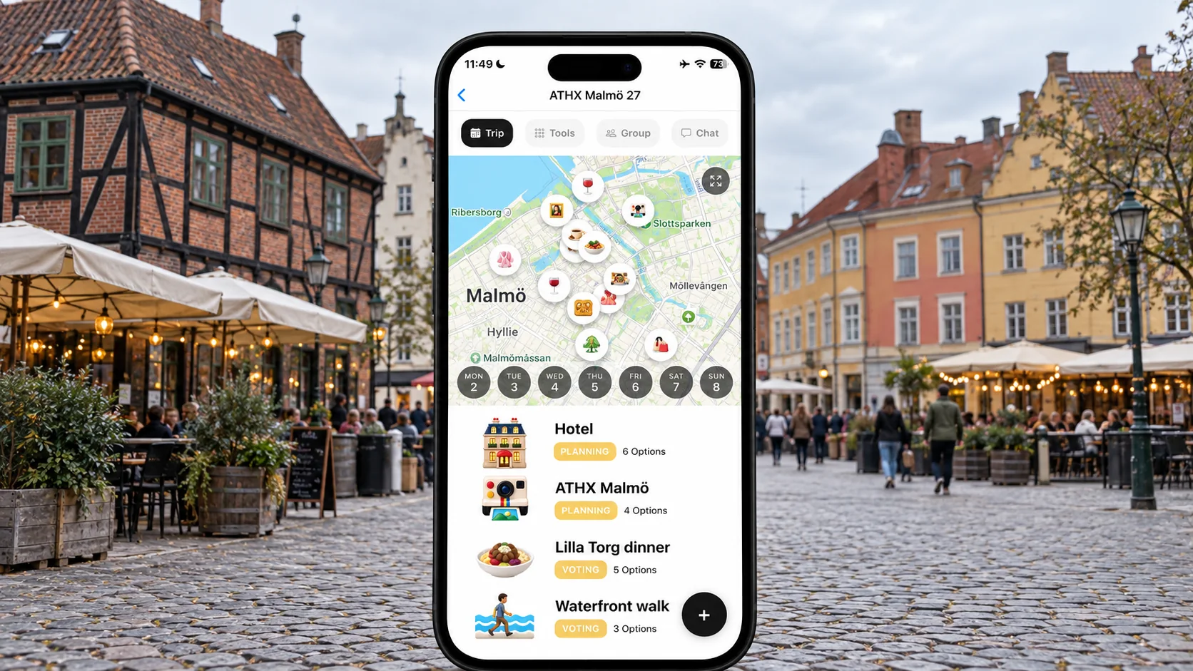 AI illustration of a FlowTrip ATHX Malmö planning screen on an upright phone against a Lilla Torg inspired Malmö streetscape