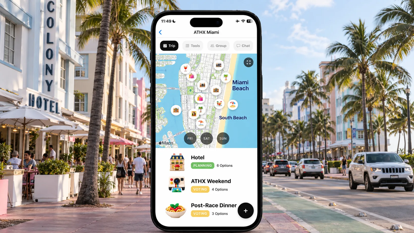 AI illustration of a FlowTrip ATHX Miami planning screen on a narrow upright phone against a South Beach Art Deco streetscape