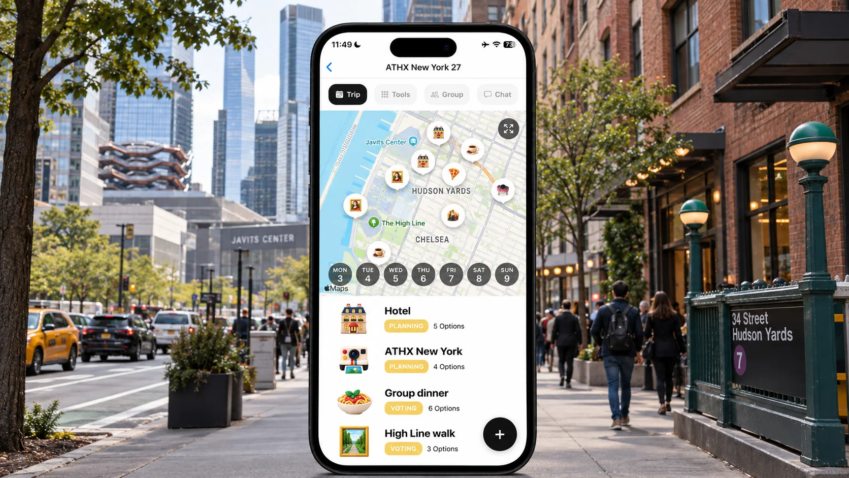 AI illustration of a FlowTrip ATHX New York planning screen on a narrow upright phone in a Hudson Yards inspired Manhattan streetscape