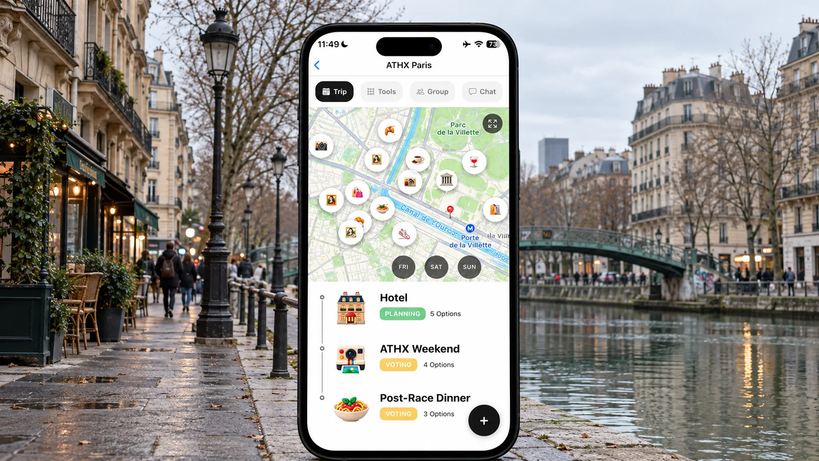 AI illustration of a FlowTrip ATHX Paris planning screen on a narrow upright phone beside a Paris canal and neighborhood buildings