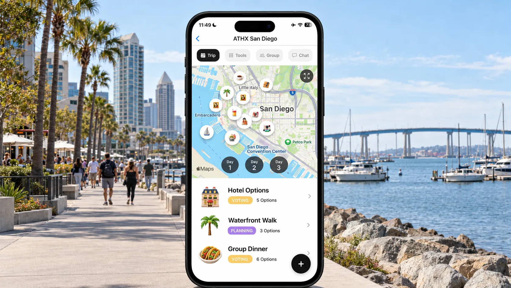 AI illustration of a FlowTrip ATHX San Diego planning screen on a narrow phone at the San Diego waterfront