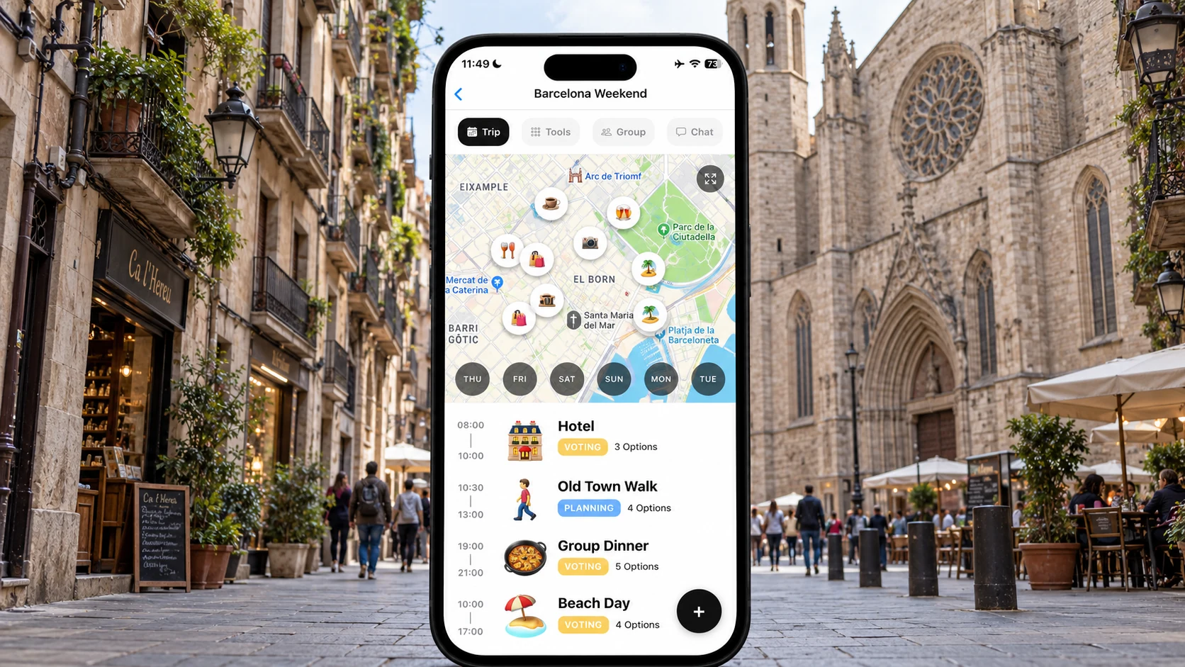 AI illustration of a FlowTrip Barcelona trip planning screen on a narrow upright iPhone with a recognizable Barcelona view behind it