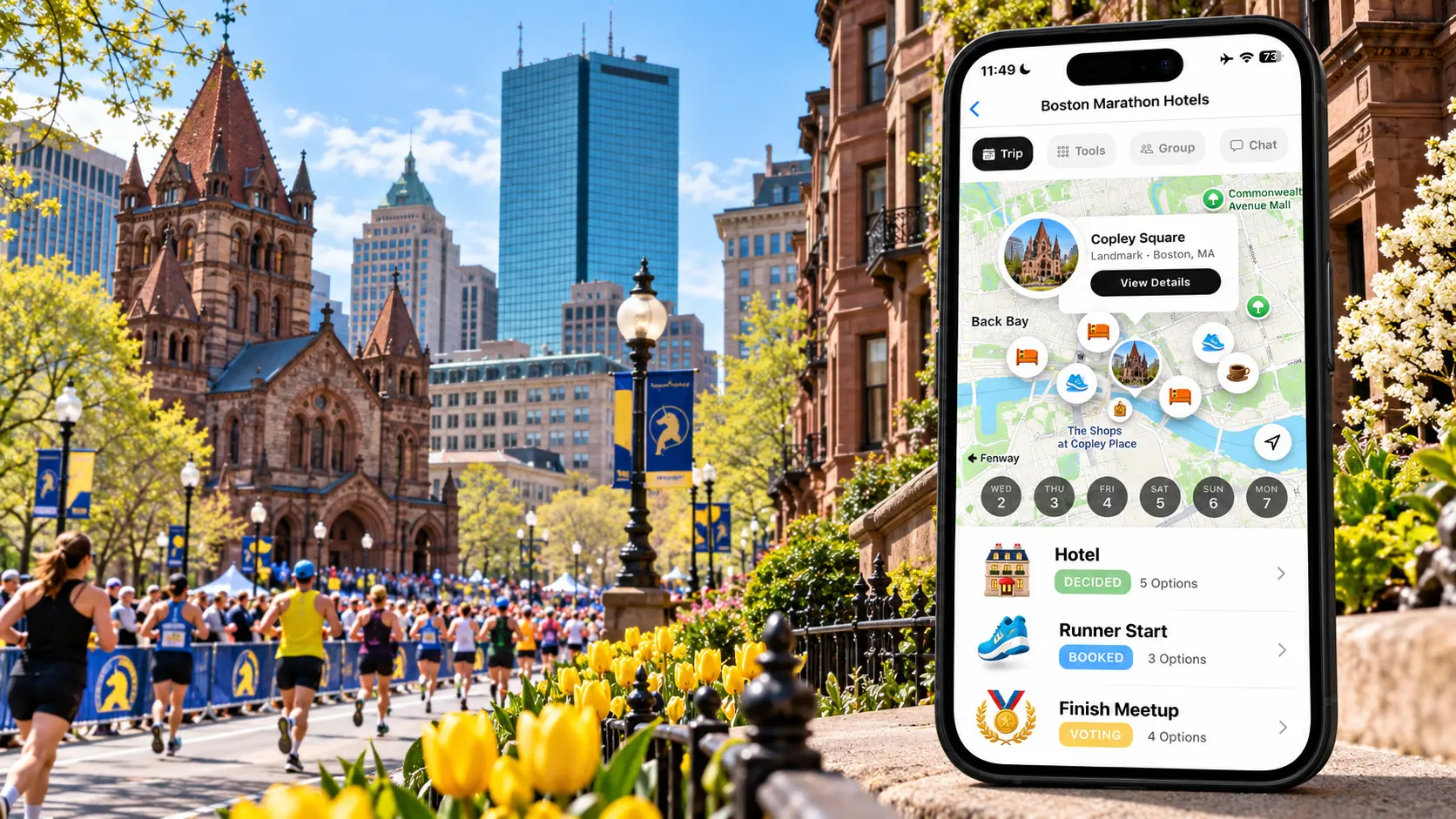 FlowTrip Boston Marathon hotel plan near Copley Square