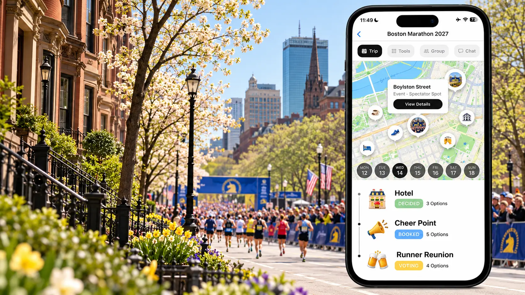 FlowTrip Boston Marathon spectator plan with runners on Boylston Street