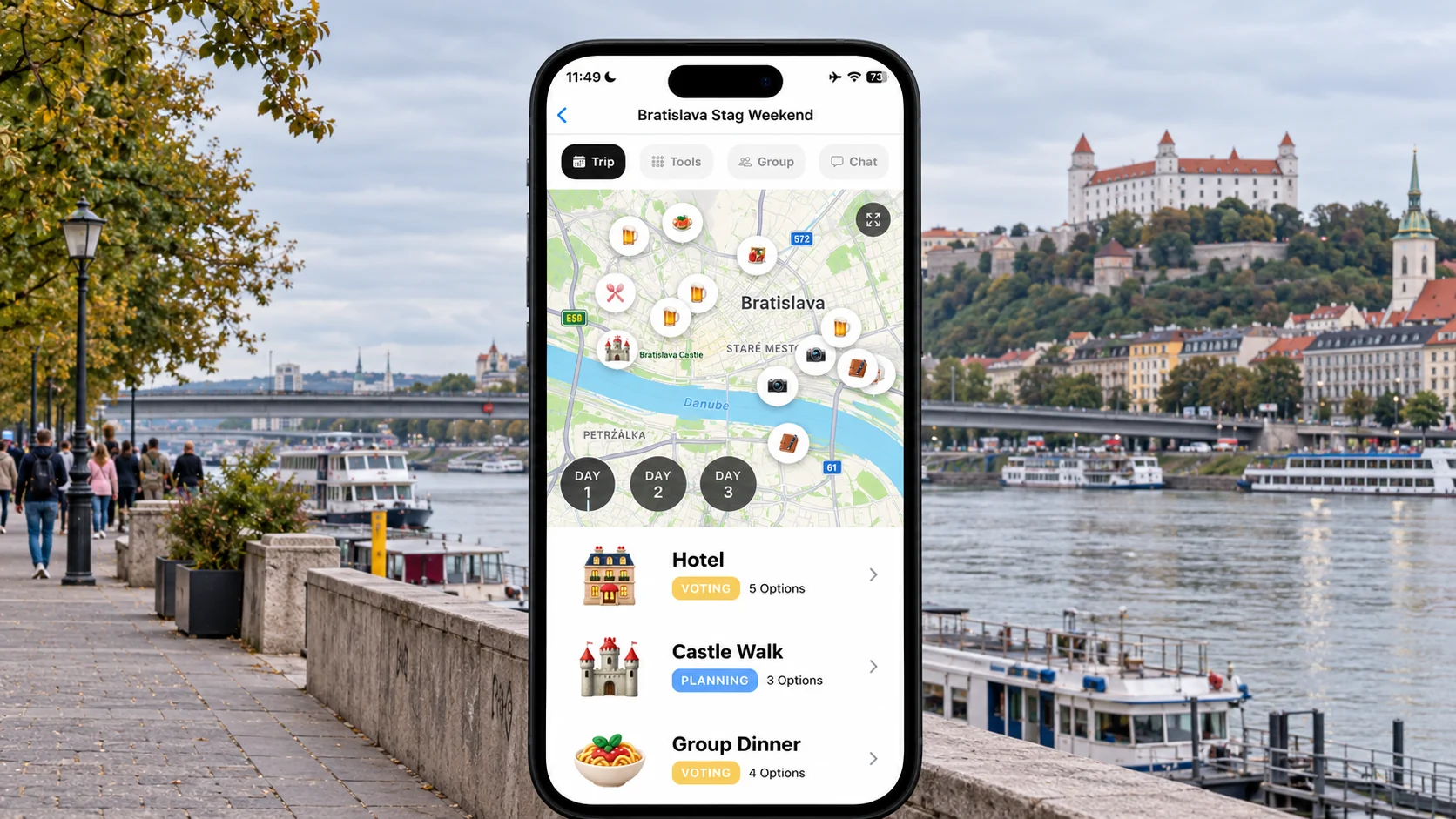 AI-made FlowTrip Bratislava stag-weekend planning screen against the Danube waterfront and Bratislava Castle