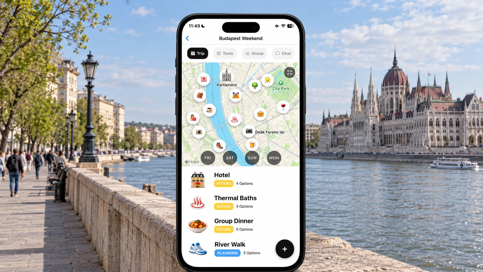 AI illustration of a FlowTrip Budapest weekend planning screen on a narrow upright iPhone with a recognizable Budapest city view behind it