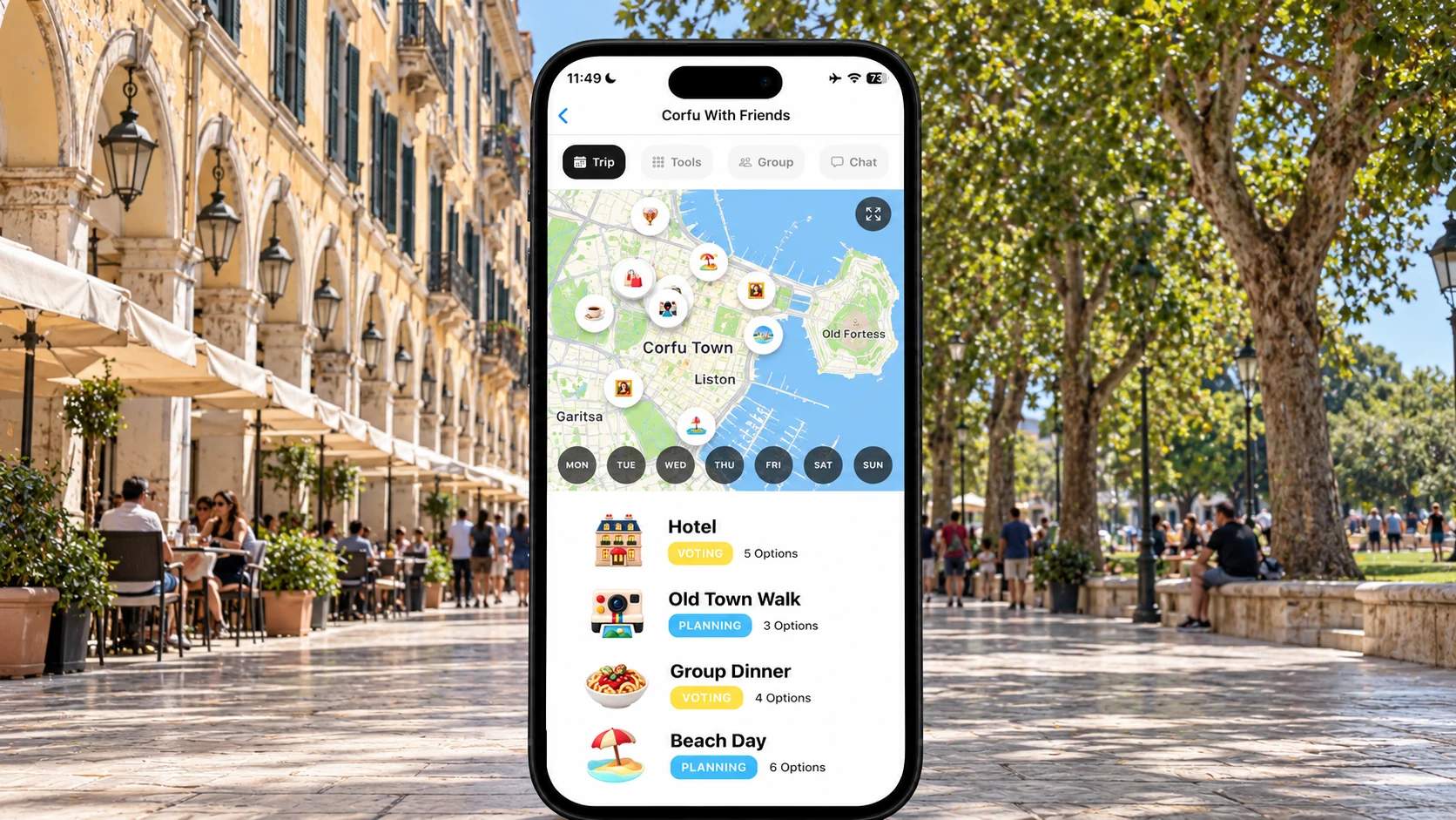 AI illustration of a FlowTrip Corfu friends-trip planning screen on a narrow upright iPhone with a recognizable Corfu setting behind it