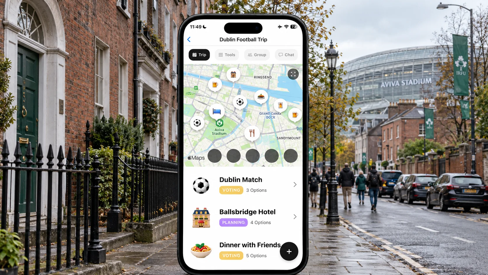 AI illustration of a FlowTrip football trip on a phone in Dublin
