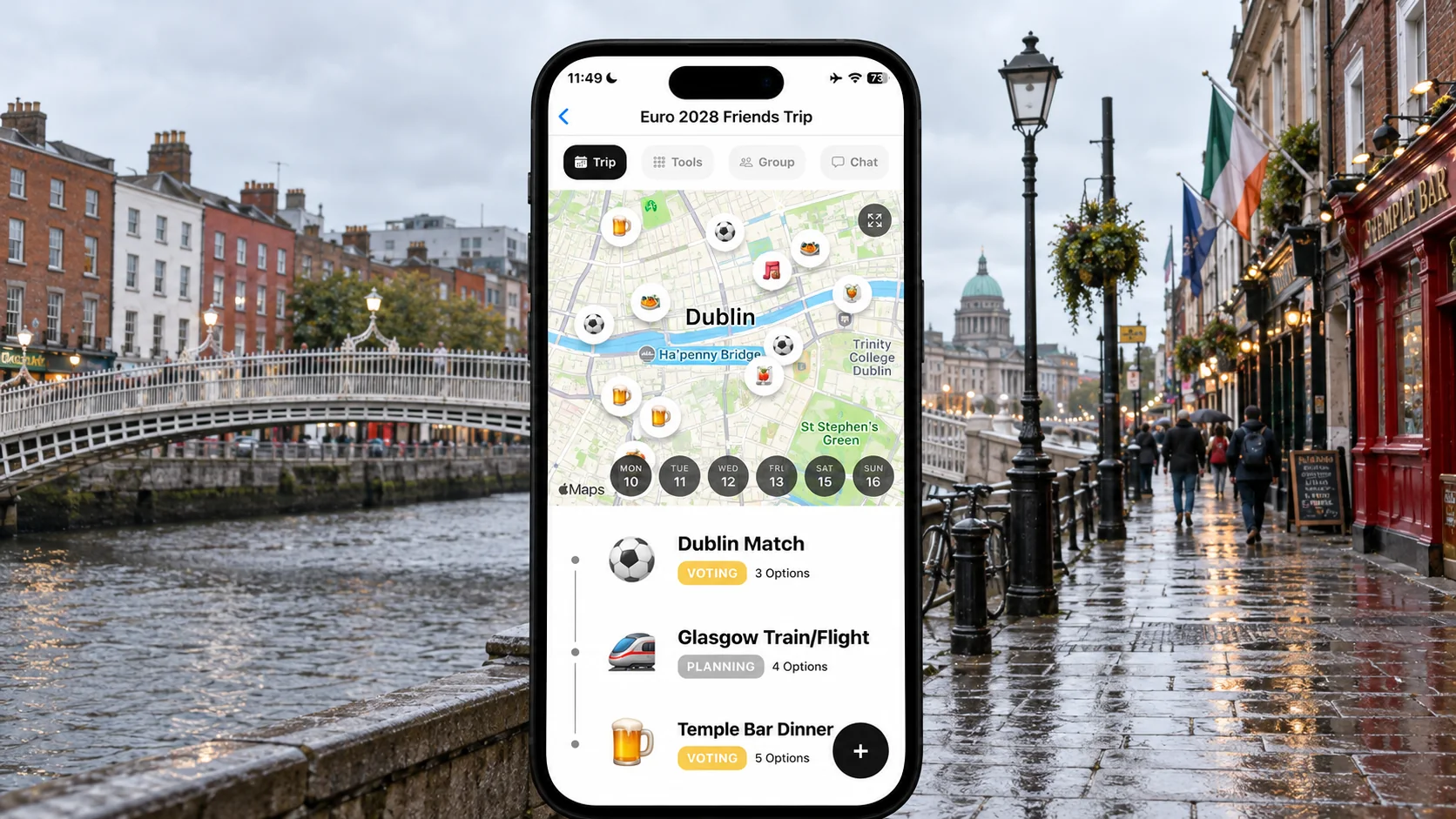 AI illustration of a FlowTrip football trip on a phone in Dublin