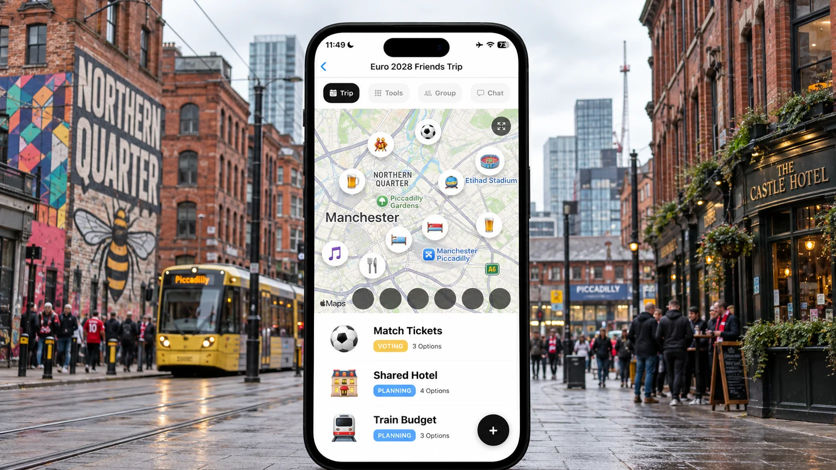 AI illustration of a FlowTrip football trip on a phone in Manchester