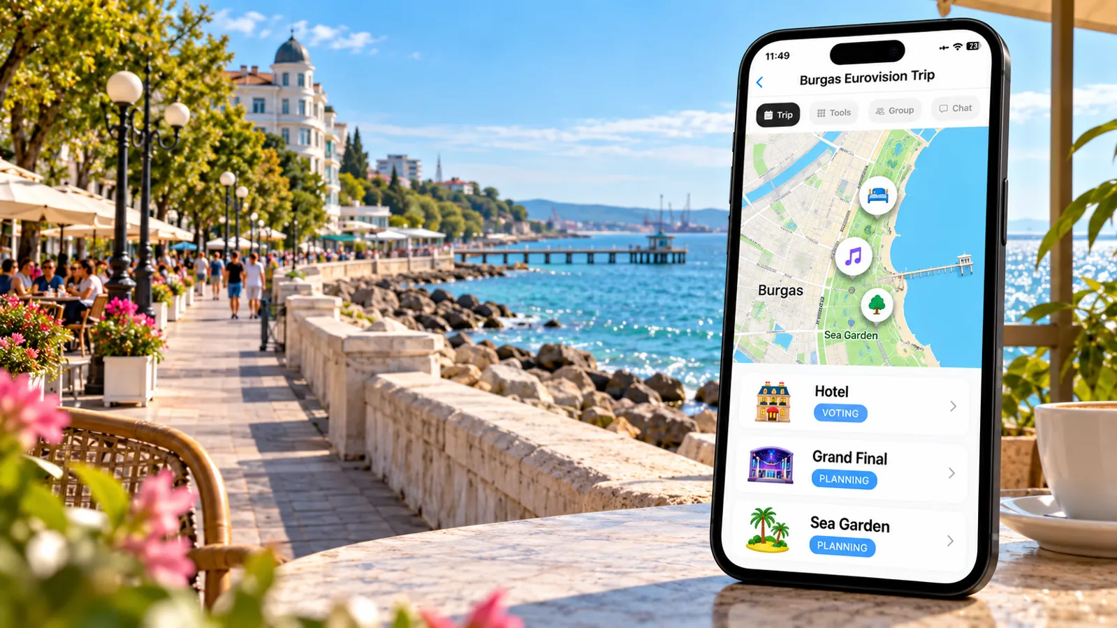 FlowTrip planning screen on a phone at the Burgas Black Sea promenade