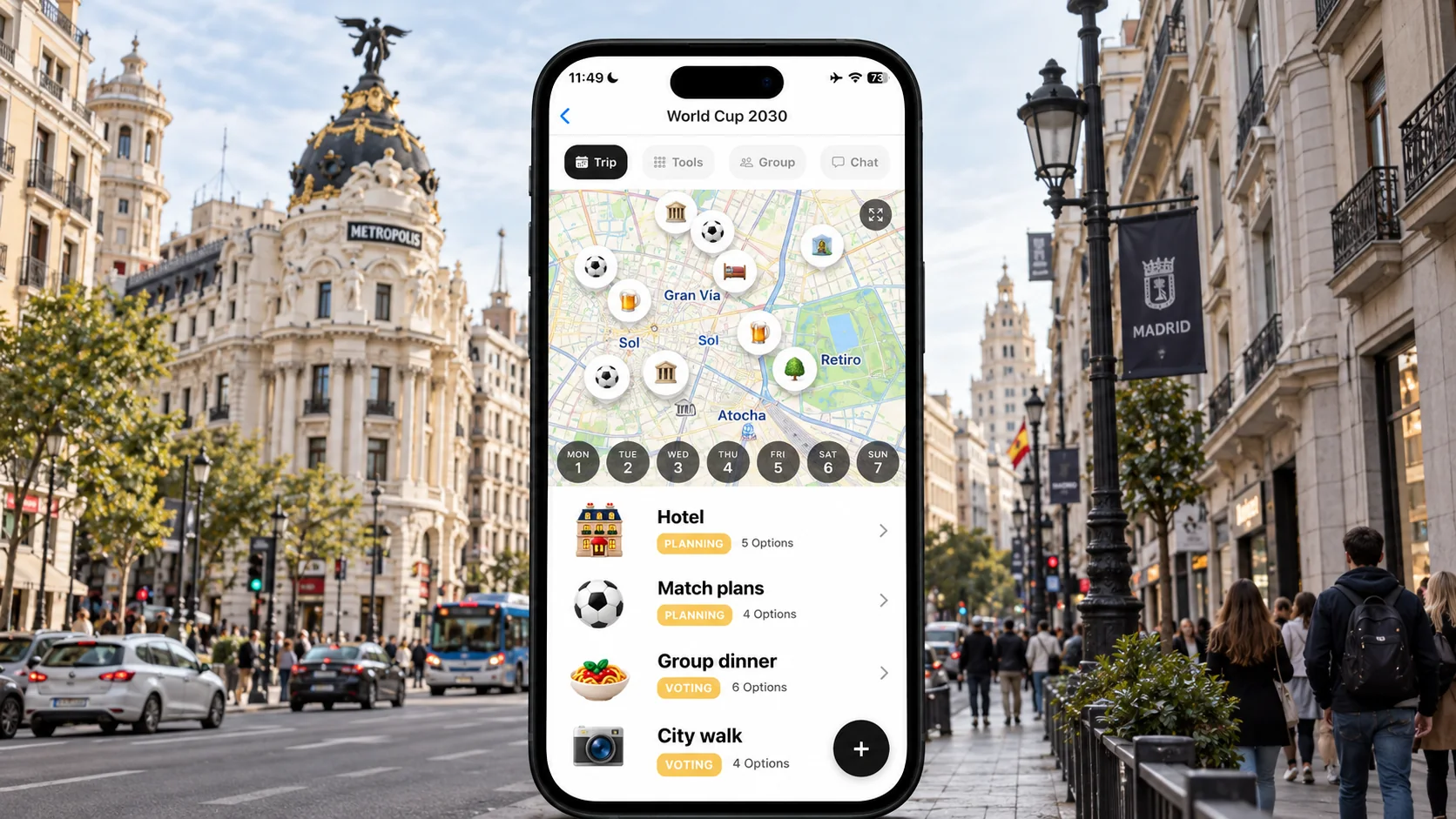 AI illustration of a FlowTrip World Cup 2030 planning screen on an upright phone against a Madrid Gran Vía inspired street scene