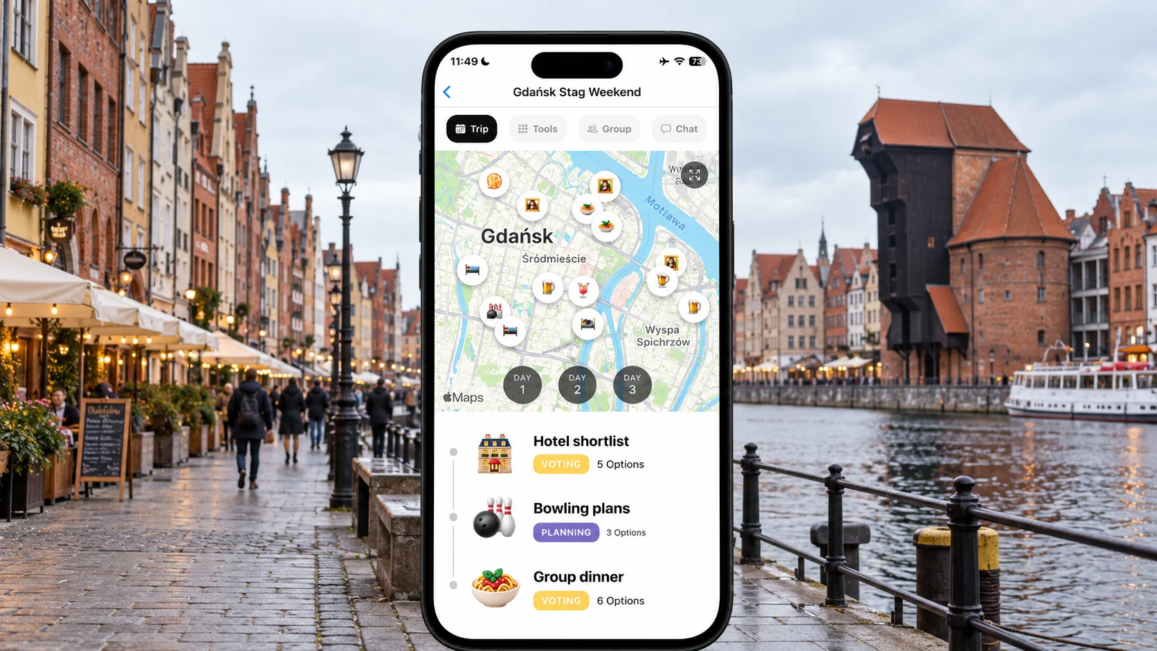 AI-made FlowTrip stag-weekend planning screen beside Gdańsk’s Motława waterfront and historic Crane