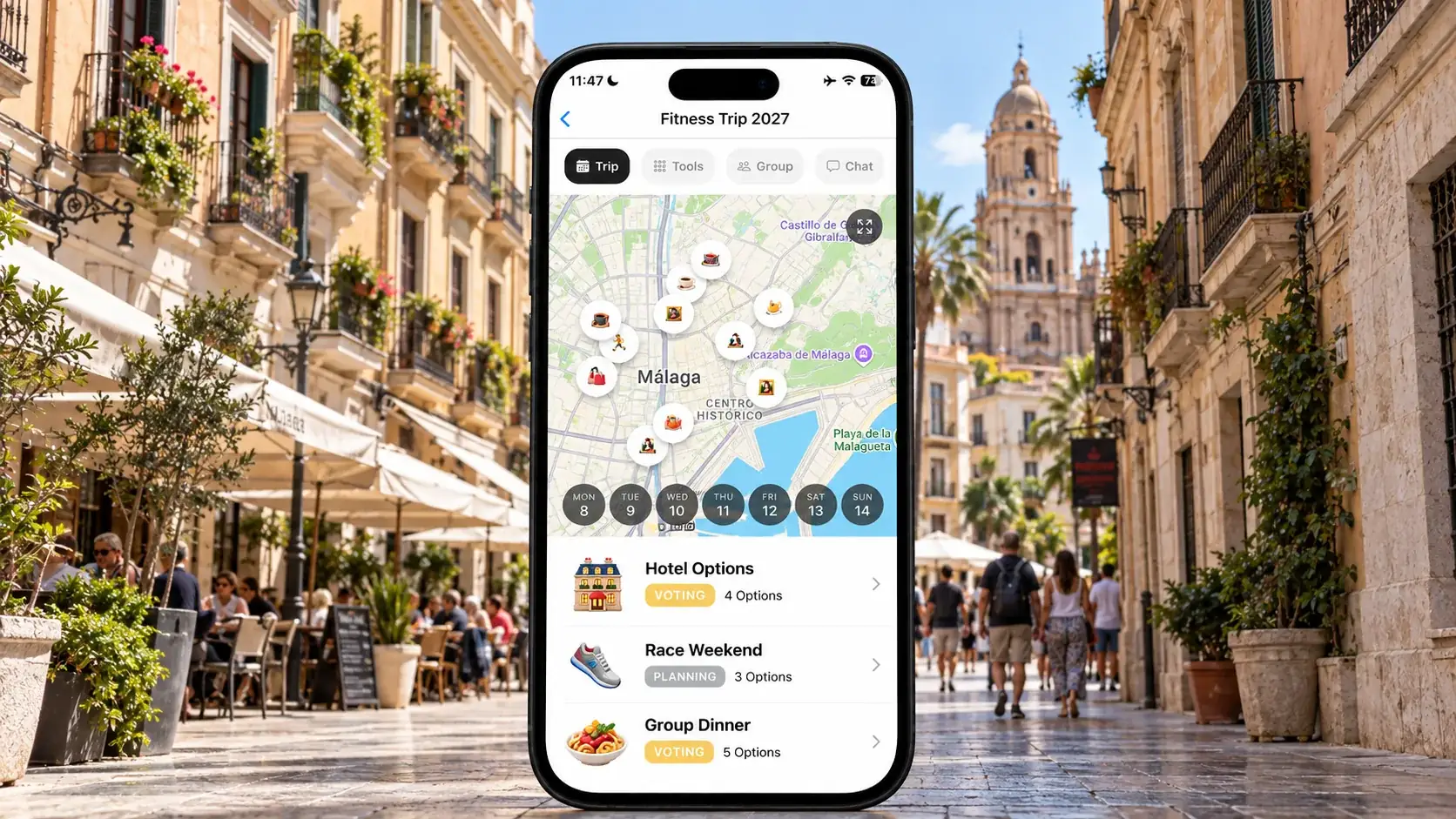AI illustration of a FlowTrip fitness trip on a phone in Málaga historic center