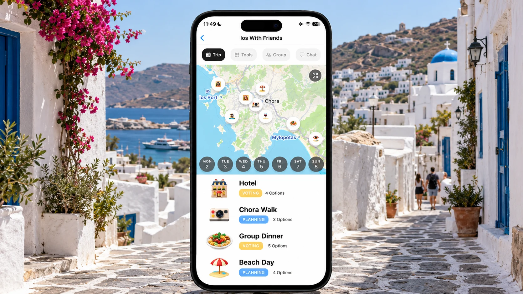 AI illustration of a FlowTrip Ios friends-trip planning screen on a narrow upright iPhone with a recognizable Ios setting behind it