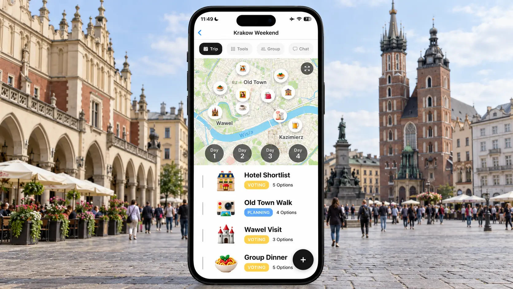 AI illustration of a FlowTrip Krakow weekend planning screen on a narrow upright phone in a recognizable Krakow city scene
