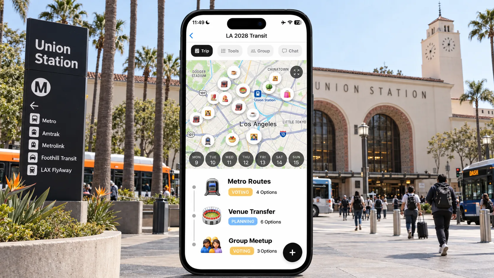 AI illustration of a FlowTrip transit planning screen on a phone outside Los Angeles Union Station