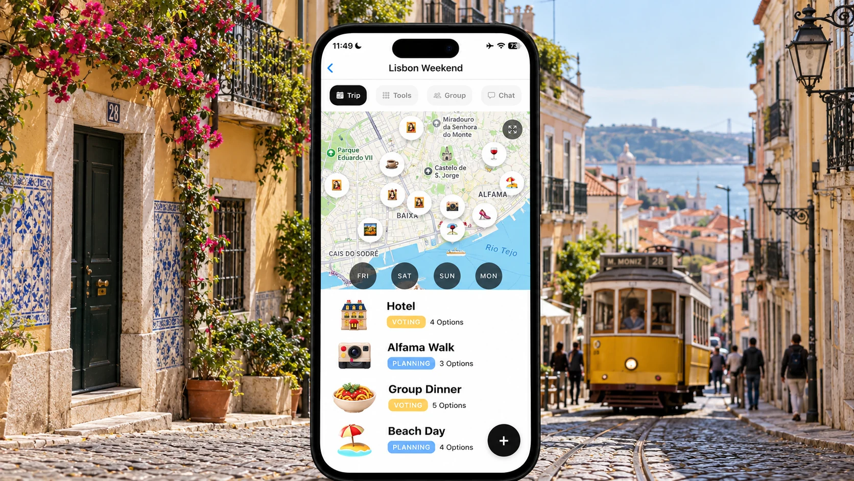 AI illustration of a FlowTrip Lisbon weekend planning screen on a narrow upright iPhone with a recognizable Lisbon city view behind it