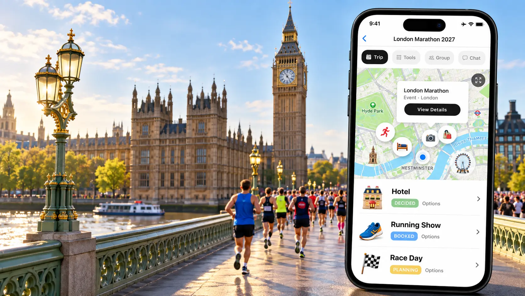 FlowTrip London Marathon hotel plan beside Westminster Bridge