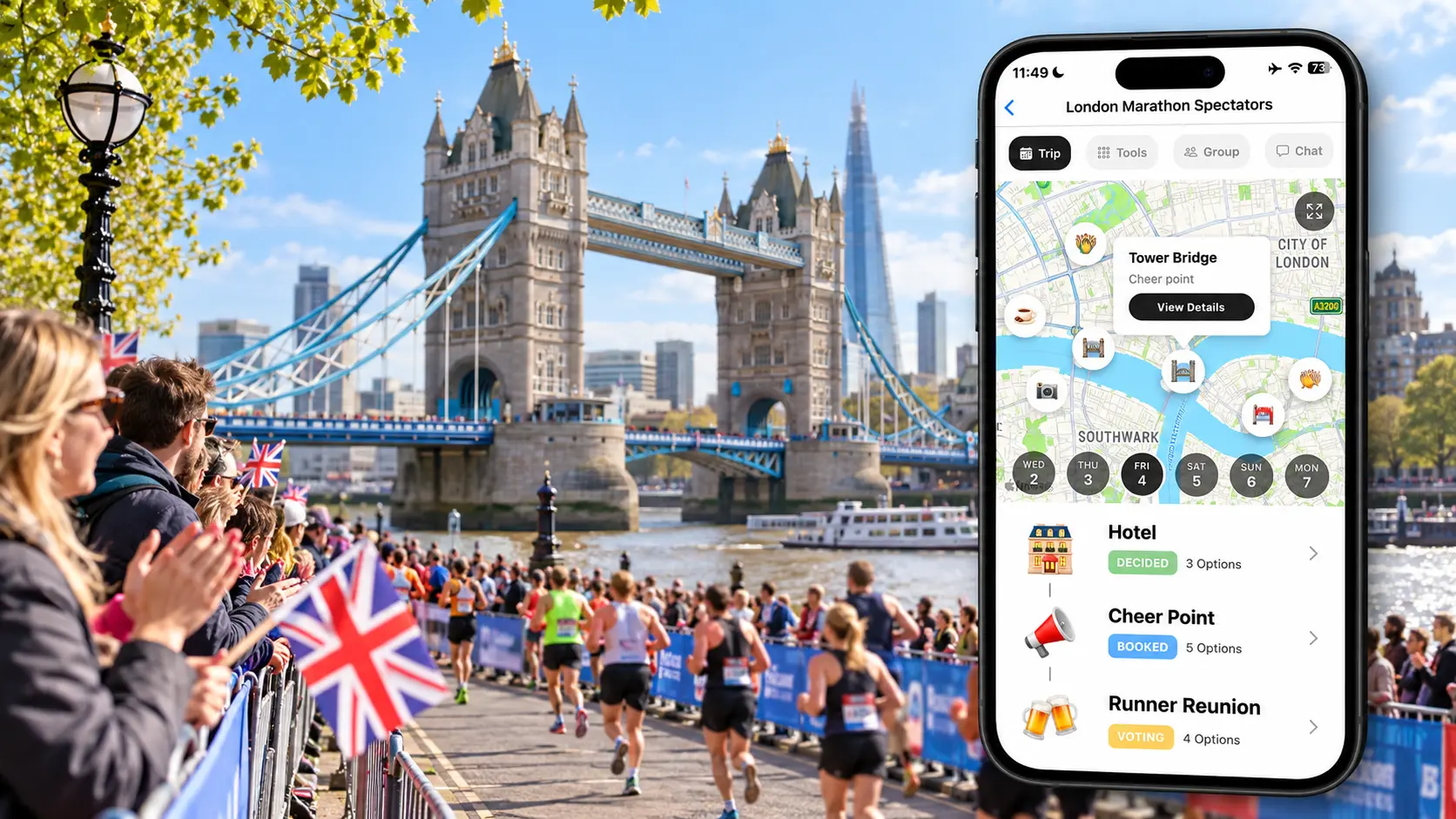 FlowTrip London Marathon spectator plan near Tower Bridge