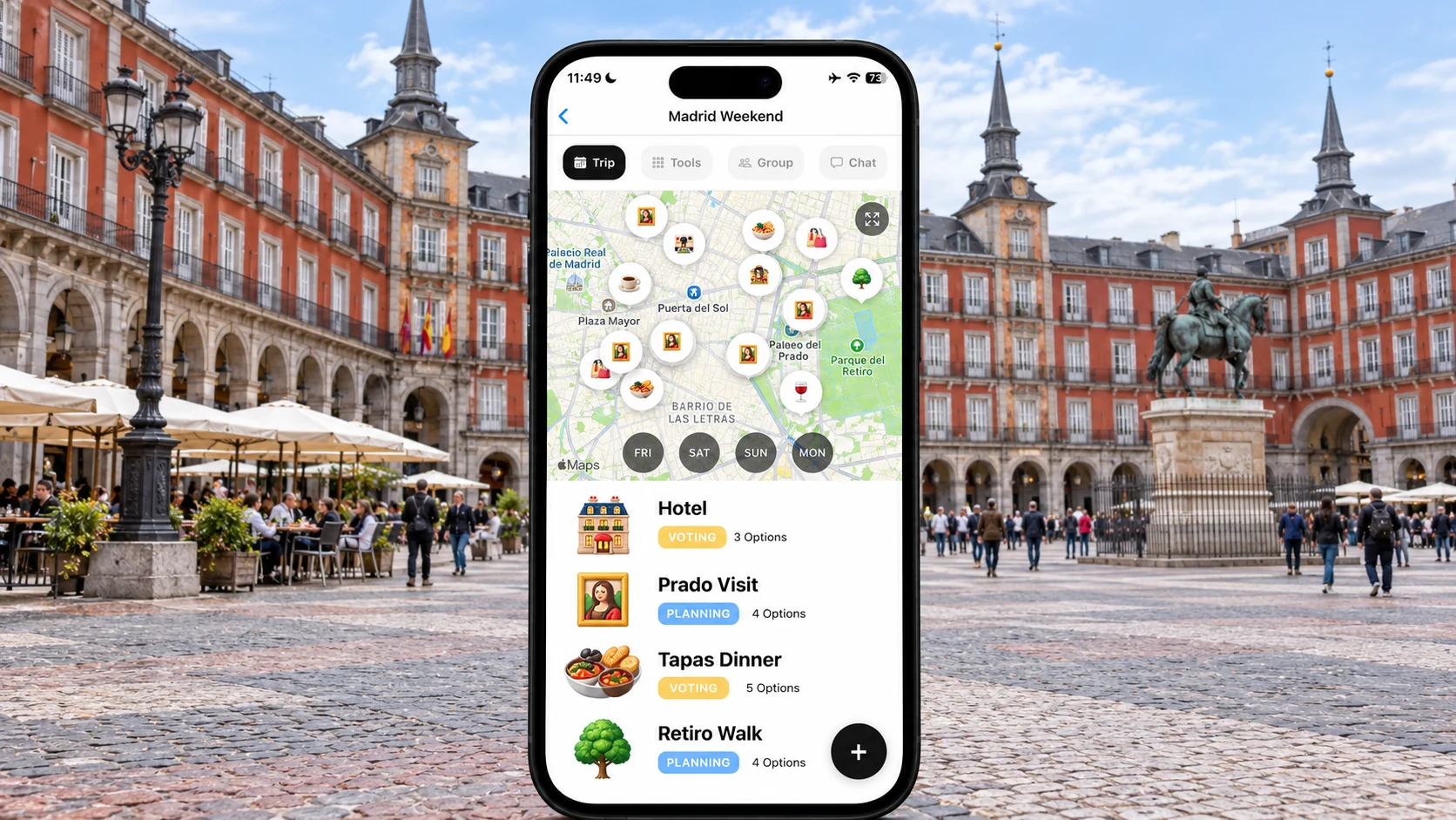 AI illustration of a FlowTrip Madrid weekend planning screen on a narrow upright iPhone with a recognizable Madrid city view behind it