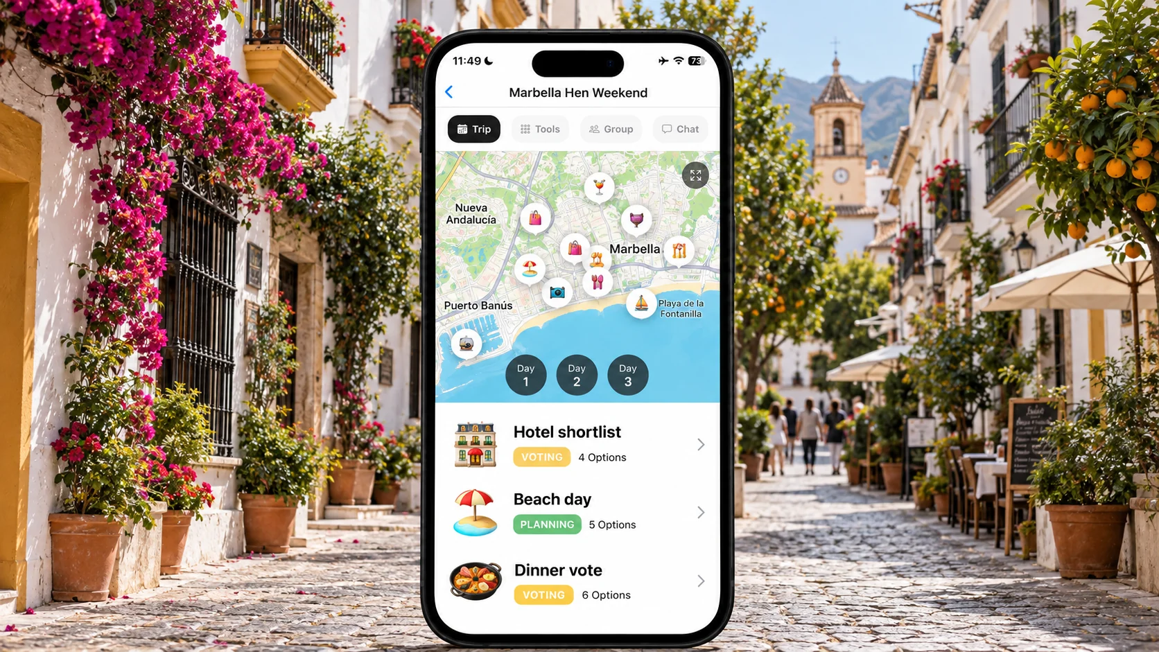 AI-made FlowTrip hen-weekend planning screen in a Marbella Old Town street