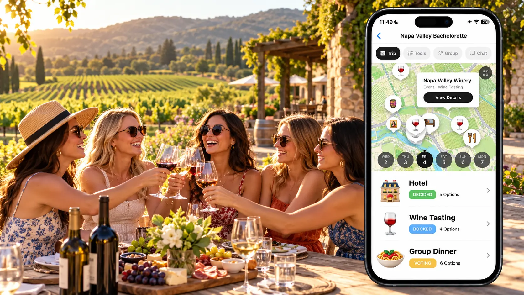FlowTrip Napa Valley bachelorette itinerary at a vineyard