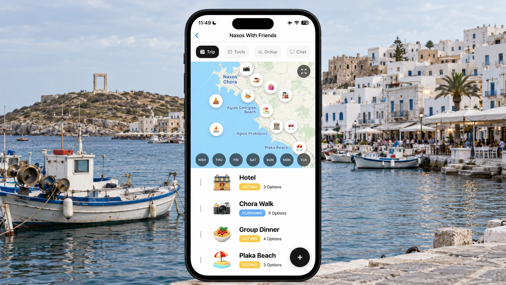 AI illustration of a FlowTrip Naxos trip planning screen on a narrow upright iPhone with a recognizable Naxos view behind it
