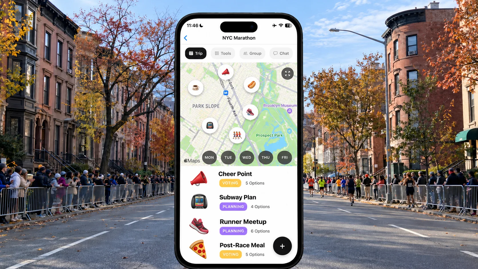 FlowTrip New York City Marathon spectator plan on a phone along the Brooklyn course in autumn