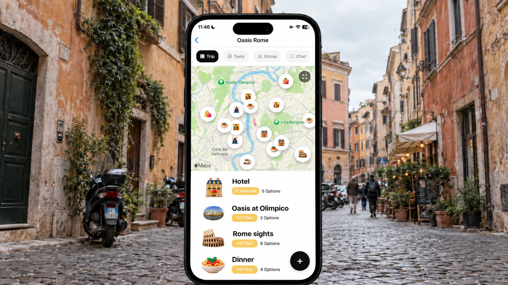 FlowTrip trip planning screen centered on a cobbled street in Rome