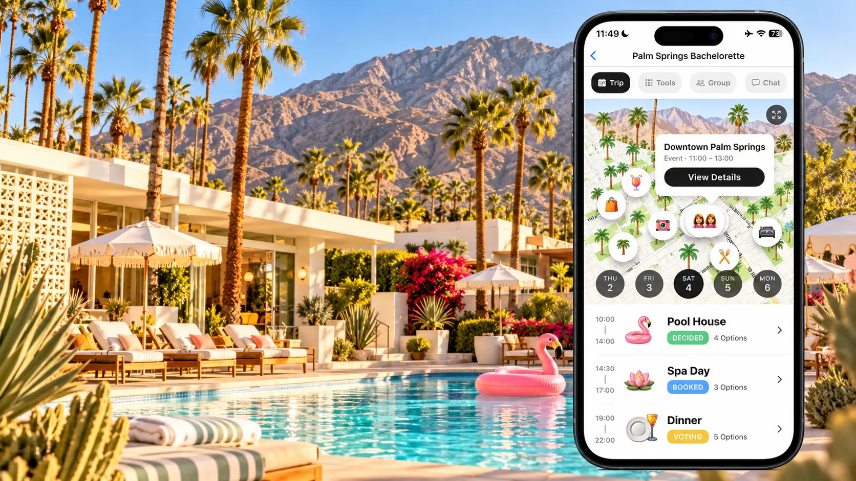 FlowTrip Palm Springs bachelorette trip plan beside a desert pool