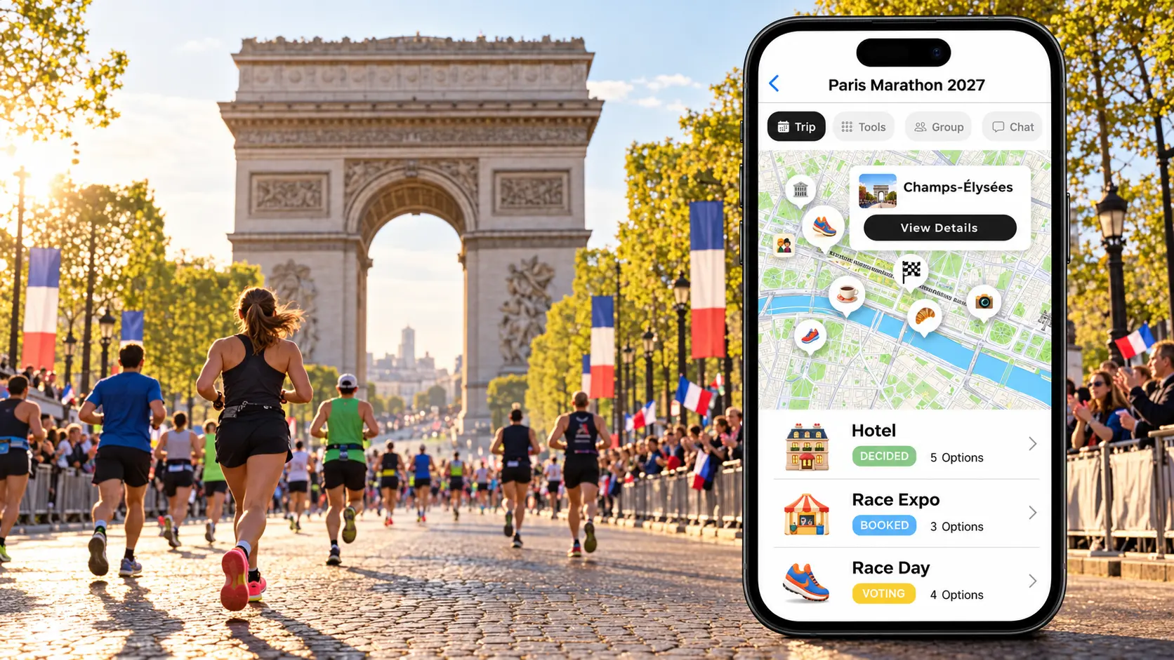 FlowTrip Paris Marathon trip plan on the Champs-Élysées