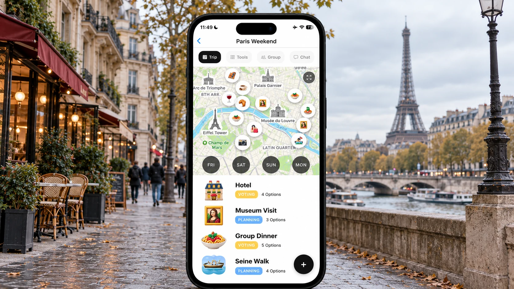 AI illustration of a FlowTrip Paris weekend planning screen on a narrow upright iPhone with a recognizable Paris city view behind it