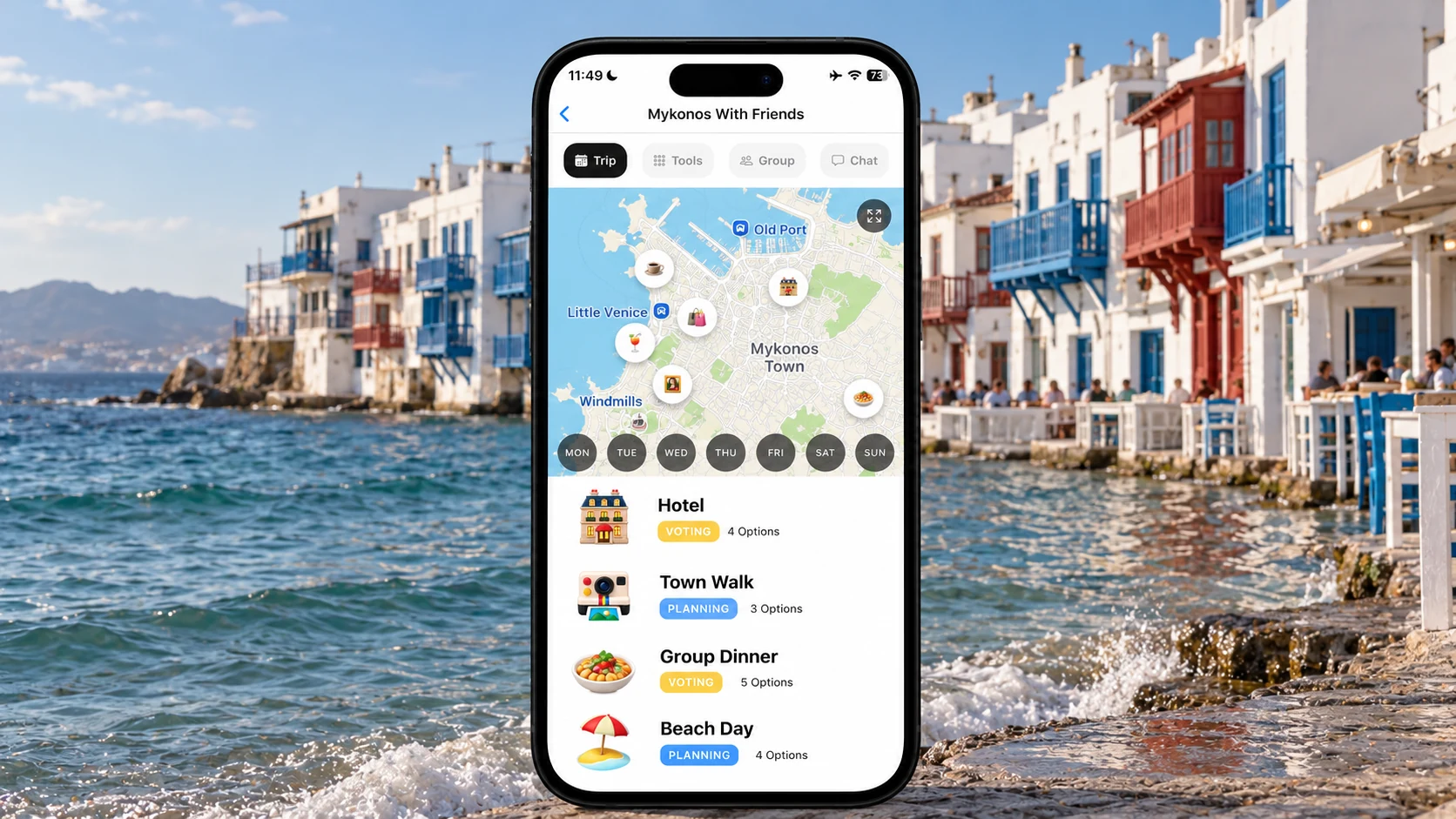 AI illustration of a FlowTrip Mykonos planning screen on a narrow upright iPhone beside a Little Venice waterfront scene, representing the Mykonos option in the island comparison