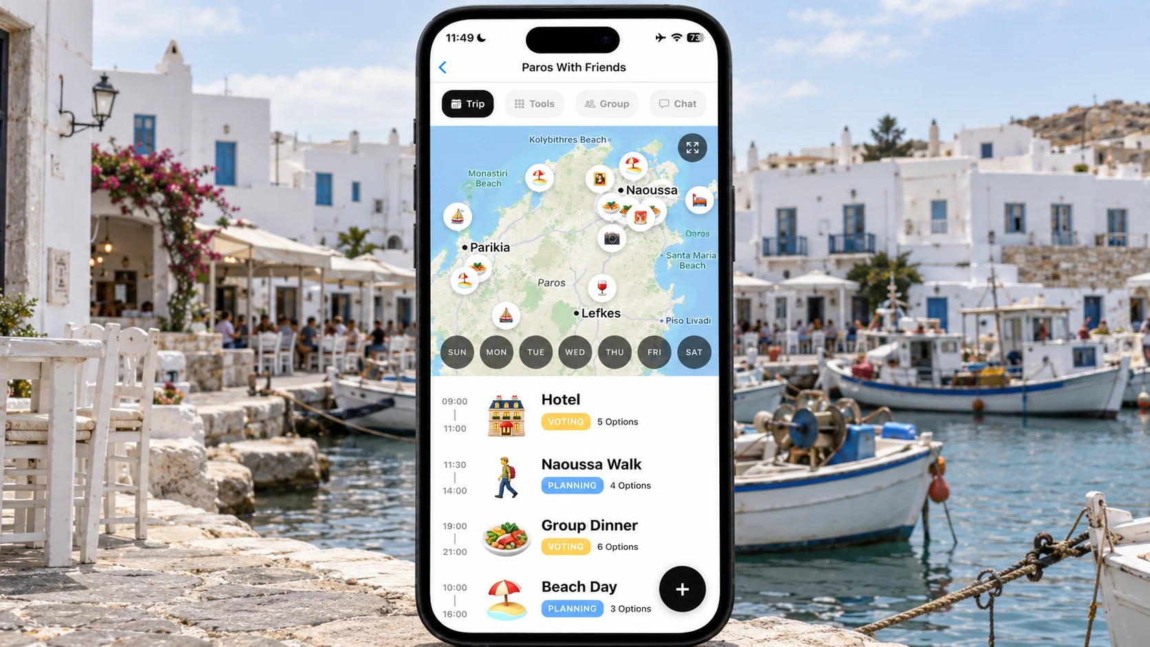 AI illustration of a FlowTrip Paros trip planning screen on a narrow upright iPhone with a recognizable Paros view behind it